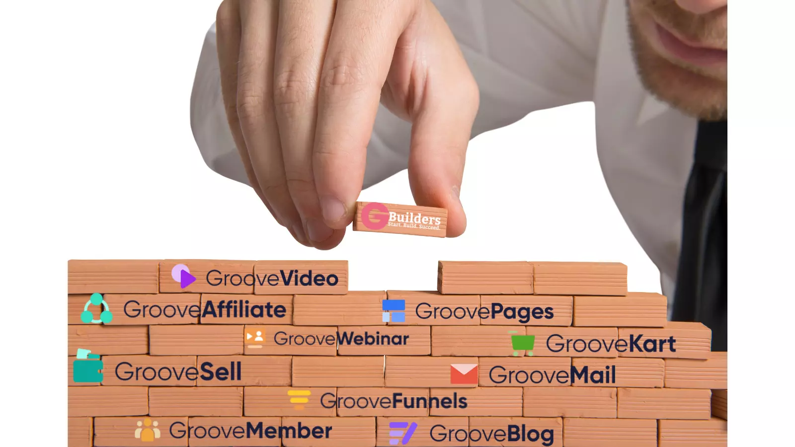 Image of a miniature wall with each little brick being a Groove app and the hand is placing another brick with the Groove Builder logo